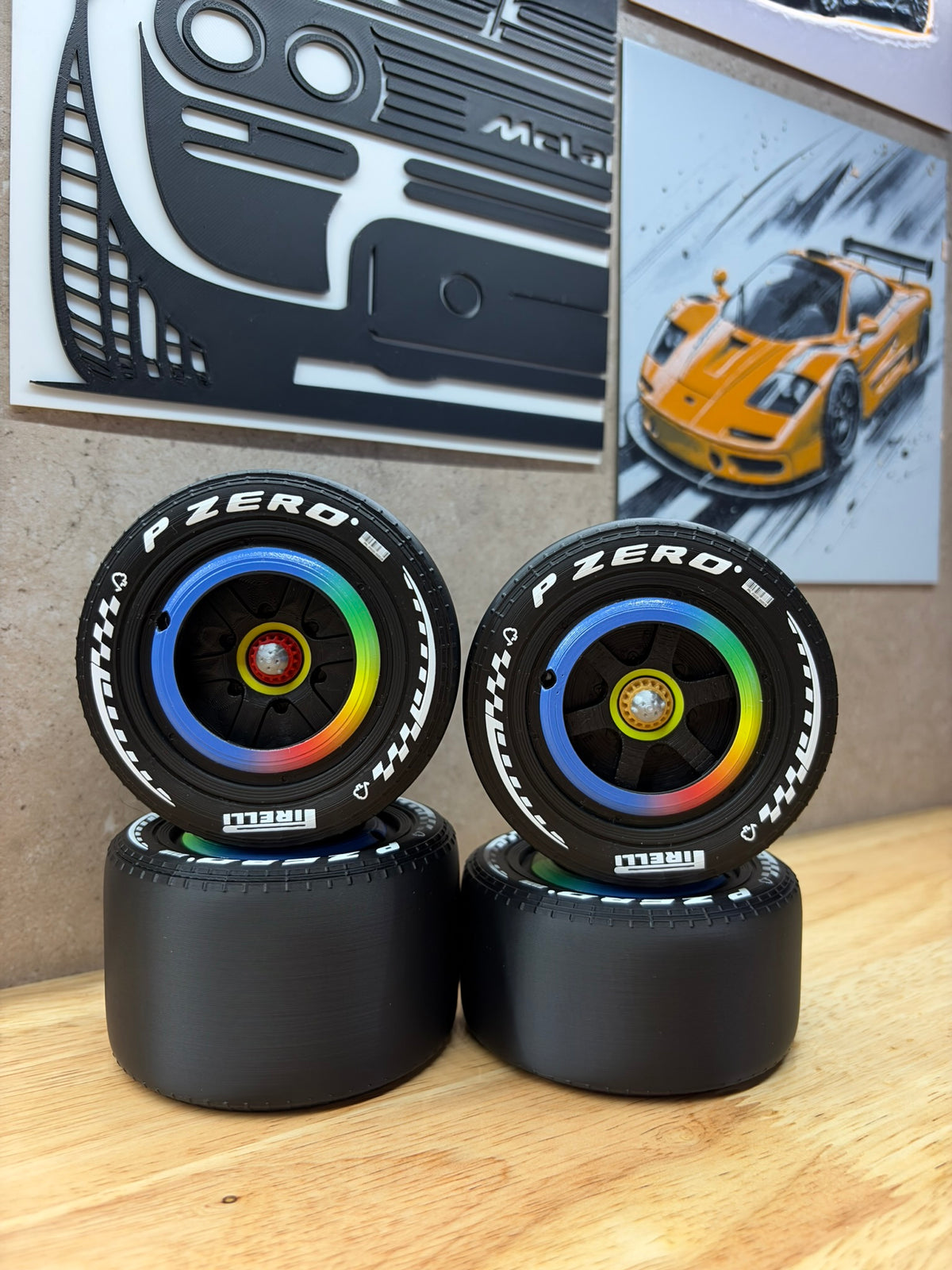 2026 McLaren F1 Google Chrome-style 3D-printed wheels for 1:8 scale models, featuring white P Zero tyre markings and UV-printed multicoloured wheel hubs.