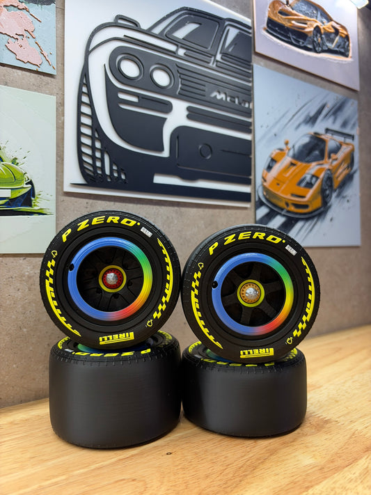 2026 McLaren F1 Google Chrome-style 3D-printed wheels for 1:8 scale models, featuring yellow P Zero tyre markings and UV-printed multicoloured wheel hubs.