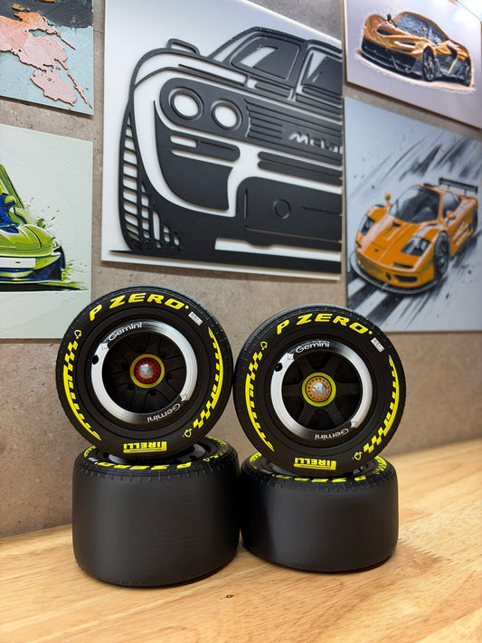 2026 McLaren F1 Google Gemini-style 3D-printed wheels for 1:8 scale models, featuring yellow P Zero tyre markings and UV-printed silver Gemini wheel hubs.