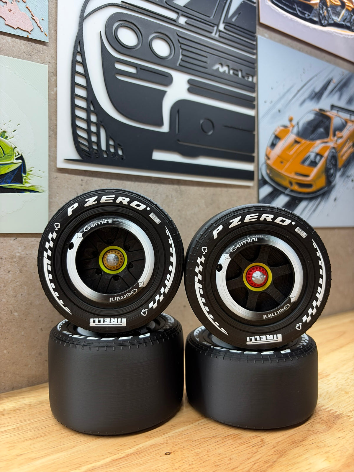 2026 McLaren F1 Google Gemini-style 3D-printed wheels for 1:8 scale models, featuring white P Zero tyre markings and UV-printed silver Gemini wheel hubs.