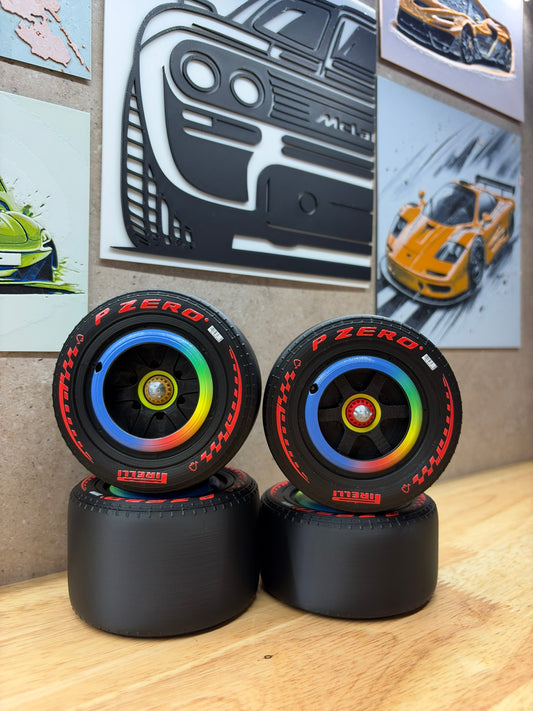 2026 McLaren F1 Google Chrome-style 3D-printed wheels for 1:8 scale models, featuring red P Zero tyre markings and UV-printed multicoloured wheel hubs.
